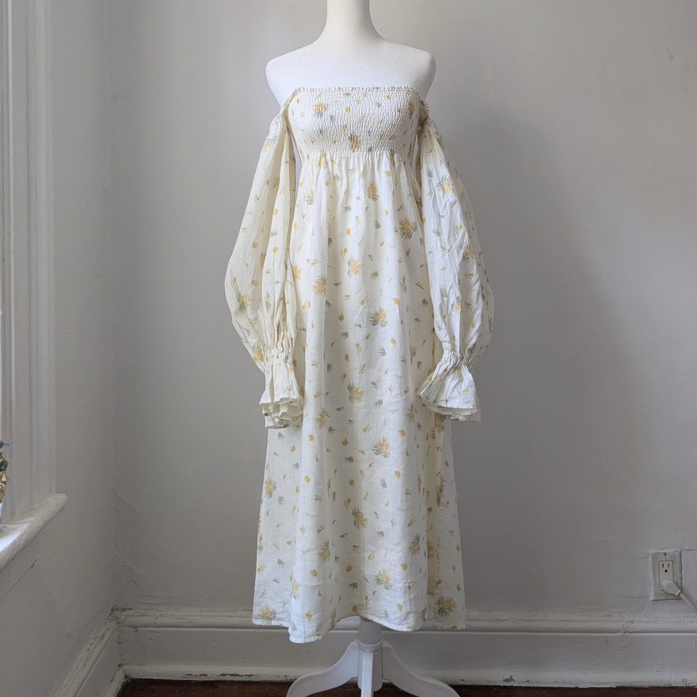 Sleeper Atlanta Smocked Linen Midi Dress Cottagecore Mimosa Size M - Picture 6 of 11